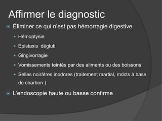 Affirmer le diagnostic
   Éliminer ce qui n’est pas hémorragie digestive
     Hémoptysie

     Épistaxis dégluti

     Gingivorragie

     Vomissements teintés par des aliments ou des boissons

     Selles noirâtres inodores (traitement martial, mdcts à base
      de charbon )

   L’endoscopie haute ou basse confirme
 