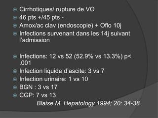  Cirrhotiques/ rupture de VO
 46 pts +/45 pts -
 Amox/ac clav (endoscopie) + Oflo 10j
 Infections survenant dans les 14j suivant
  l’admission

   Infections: 12 vs 52 (52.9% vs 13.3%) p<
    .001
   Infection liquide d’ascite: 3 vs 7
   Infection urinaire: 1 vs 10
   BGN : 3 vs 17
   CGP: 7 vs 13
           Blaise M Hepatology 1994; 20: 34-38
 