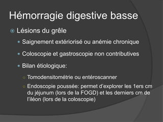 Hémorragie digestive basse
   Lésions du grêle
     Saignement extériorisé ou anémie chronique

     Coloscopie et gastroscopie non contributives

     Bilan étiologique:

      ○ Tomodensitométrie ou entéroscanner
      ○ Endoscopie poussée: permet d’explorer les 1ers cm
       du jéjunum (lors de la FOGD) et les derniers cm de
       l’iléon (lors de la coloscopie)
 