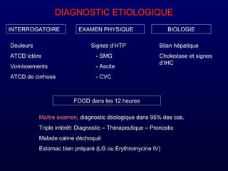 DIAGNOSTIC ETIOLOGIQUE
INTERROGATOIRE EXAMEN PHYSIQUE BIOLOGIE
Douleurs
ATCD ictère
Vomissements
ATCD de cirrhose
Signes d’HTP
- SMG
- Ascite
- CVC
Bilan hépatique
Cholestase et signes
d’IHC
FOGD dans les 12 heures
Maître examen, diagnostic étiologique dans 95% des cas.
Triple intérêt: Diagnostic – Thérapeutique – Pronostic
Malade calme déchoqué
Estomac bien préparé (LG ou Erythromycine IV)
 