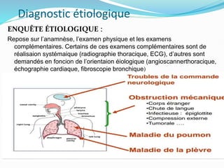 Diagnostic étiologique
ENQUÊTE ÉTIOLOGIQUE :
Repose sur l’anamnèse, l’examen physique et les examens
complémentaires. Certains de ces examens complémentaires sont de
réalisaion systémaique (radiographie thoracique, ECG), d’autres sont
demandés en foncion de l’orientaion éiologique (angioscannerthoracique,
échographie cardiaque, fibroscopie bronchique)
 