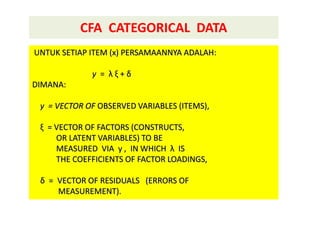 CFA CATEGORICAL DATA
UNTUK SETIAP ITEM (x) PERSAMAANNYA ADALAH:
y = λ ξ + δ
DIMANA:
y = VECTOR OF OBSERVED VARIABLES (ITEMS),
ξ = VECTOR OF FACTORS (CONSTRUCTS,
OR LATENT VARIABLES) TO BE
MEASURED VIA y , IN WHICH λ IS
THE COEFFICIENTS OF FACTOR LOADINGS,
δ = VECTOR OF RESIDUALS (ERRORS OF
MEASUREMENT).
 
