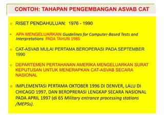CONTOH: TAHAPAN PENGEMBANGAN ASVAB CAT
 RISET PENDAHULUAN: 1976 - 1990
• APA MENGELUARKAN Guidelines for Computer-Based Tests and
Interpretations PADA TAHUN 1985
 CAT-ASVAB MULAI PERTAMA BEROPERASI PADA SEPTEMBER
1990
 DEPARTEMEN PERTAHANAN AMERIKA MENGELUARKAN SURAT
KEPUTUSAN UNTUK MENERAPKAN CAT-ASVAB SECARA
NASIONAL
 IMPLEMENTASI PERTAMA OKTOBER 1996 DI DENVER, LALU DI
CHICAGO 1997, DAN BEROPRERASI LENGKAP SECARA NASIONAL
PADA APRIL 1997 (di 65 Military entrance processing stations
/MEPSs).
 