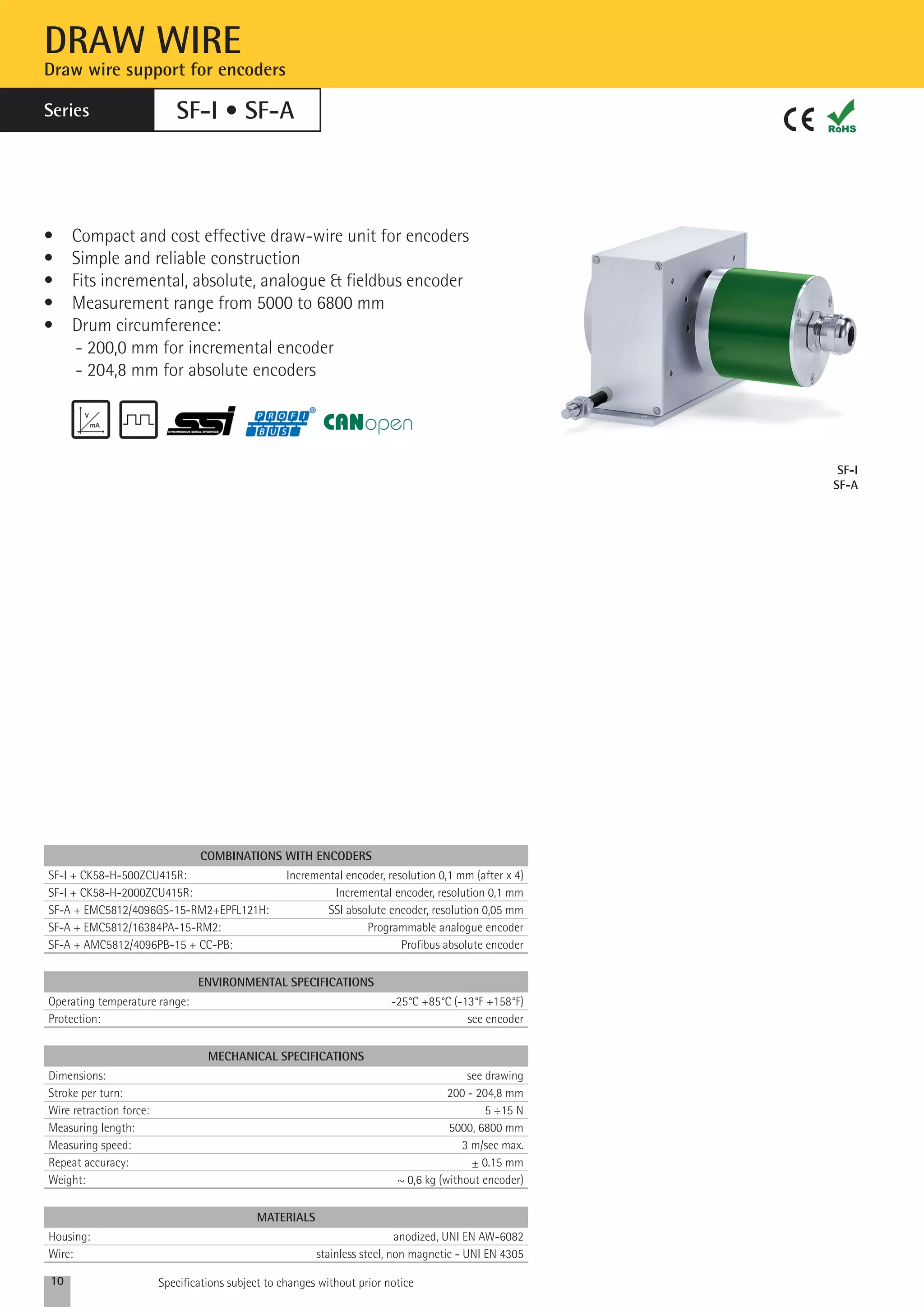 SF-I 
SF-A 
DRAW WIRE 
Draw wire support for encoders 
Series SF-I • SF-A 
• Compact and cost effective draw-wire unit for encoders 
• Simple and reliable construction 
• Fits incremental, absolute, analogue & fieldbus encoder 
• Measurement range from 5000 to 6800 mm 
• Drum circumference: 
- 200,0 mm for incremental encoder 
- 204,8 mm for absolute encoders 
COMBINATIONS WITH ENCODERS 
SF-I + CK58-H-500ZCU415R: Incremental encoder, resolution 0,1 mm (after x 4) 
SF-I + CK58-H-2000ZCU415R: Incremental encoder, resolution 0,1 mm 
SF-A + EMC5812/4096GS-15-RM2+EPFL121H: SSI absolute encoder, resolution 0,05 mm 
SF-A + EMC5812/16384PA-15-RM2: Programmable analogue encoder 
SF-A + AMC5812/4096PB-15 + CC-PB: Profibus absolute encoder 
environmental specifications 
Operating temperature range: -25°C +85°C (-13°F +158°F) 
Protection: see encoder 
mechanical specifications 
Dimensions: see drawing 
Stroke per turn: 200 - 204,8 mm 
Wire retraction force: 5 ÷15 N 
Measuring length: 5000, 6800 mm 
Measuring speed: 3 m/sec max. 
Repeat accuracy: ± 0.15 mm 
Weight: ~ 0,6 kg (without encoder) 
MAterials 
Housing: anodized, UNI EN AW-6082 
Wire: stainless steel, non magnetic - UNI EN 4305 
10 Specifications subject to changes without prior notice 
 