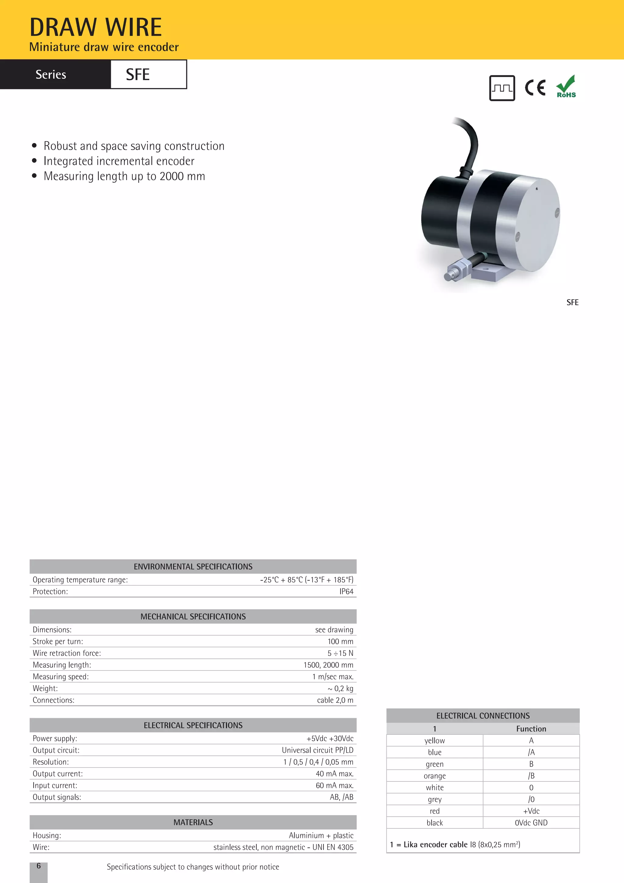 DRAW WIRE 
Miniature draw wire encoder 
Series 
SFE 
• Robust and space saving construction 
• Integrated incremental encoder 
• Measuring length up to 2000 mm 
environmental specifications 
Operating temperature range: -25°C + 85°C (-13°F + 185°F) 
Protection: IP64 
mechanical specifications 
Dimensions: see drawing 
Stroke per turn: 100 mm 
Wire retraction force: 5 ÷15 N 
Measuring length: 1500, 2000 mm 
Measuring speed: 1 m/sec max. 
Weight: ~ 0,2 kg 
Connections: cable 2,0 m 
ELECTRICAL SPECIFICATIONS 
Power supply: +5Vdc +30Vdc 
Output circuit: Universal circuit PP/LD 
Resolution: 1 / 0,5 / 0,4 / 0,05 mm 
Output current: 40 mA max. 
Input current: 60 mA max. 
Output signals: AB, /AB 
6 Specifications subject to changes without prior notice 
SFE 
MAterials 
Housing: Aluminium + plastic 
Wire: stainless steel, non magnetic - UNI EN 4305 
electrical connections 
1 Function 
yellow A 
blue /A 
green B 
orange /B 
white 0 
grey /0 
red +Vdc 
black 0Vdc GND 
1 = Lika encoder cable I8 (8x0,25 mm2) 
 