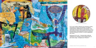 11
Sur la mer Caraïbe s’élancent de puissantes racines
traversières en lassos de tendresse, en ellipses
d’appropriation véhémentes et souveraines : c’est
ainsi, dans un espace vital en essor d’invention et de
recomposition, qu’une humanité née de la vision de
l’artiste entreprend d’effacer la muette géographie
des cartes.
Palimpseste de la mer : intensité bleue sillonnée
d’abysses de la mémoire et des courants pour un
plus vaste songe ; métaphore de l’Histoire !
< Palimpsesto caribeño, 63 x 85cm, carte géographique, papier
Mesaj lapobef, 45cm de diamètre, peau
 