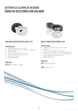 18
SISTEMAS DE ALARMA DE INCENDIO
SERIES DE DETECTORES CON AISLADOR
BASE PARA DETECTOR CON AISLADOR 4412F
Características
•	 Base de 3 terminales para el detector con aislador
•	 Disponibles conectores rápidos para una instalación lo más rápida posible
•	 Conector para pantalla
•	 Conector para par de cables adicional (p. ej., 24 V)
•	 Entrada de cables desde la parte superior o el lateral
•	 Ranura para porta-etiquetas
•	 Disponible en blanco o negro
Referencia
4412F: base para detector con aislador
BASE DE SIRENA DIRECCIONABLE 4479
Características
•	 Base de sirena con 3 terminales para el detector con aislador
•	 7 tonos, 90 dB
•	 Modo de bajo consumo de 84 dB a 1,5 mA en modo activo
•	 Disponibles conectores rápidos para una instalación lo más rápida posible
•	 Conector para circuito, apantallamiento y par de cables adicional (p. ej., 24 V)
•	 Entrada de cables desde la parte superior o el lateral
•	 Disponible en blanco o negro
Referencia
4479: base de sirena direccionable
4489: protección de entrada
 