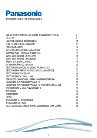 3
TECHNOLOGY FOR A BETTER WORKING WORLD
UNA SOLUCIÓN GLOBAL PARA RIESGOS EN INSTALACIONES CRÍTICAS			 6
EBL512 G3											8
EQUIPO DE CONTROL E INDICACIÓN (ECI)							10
TLON - RED DE CENTRALES EBL512 G3							 11
PANEL VISUALIZADOR										12
DETECTORES DIRECCIONABLES/ANALÓGICOS							13
ADVANCED MODE - ARTIFICIAL INTELLIGENCE							14
SERIES DE DETECTORES SIN AISLADOR							16
SERIES DE DETECTORES CON AISLADOR							17
BASE DE SIRENA DIRECCIONABLE								19
SISTEMA INALÁMBRICO ANALÓGICO								20
DETECTORES ANALÓGICOS PARA ZONAS PELIGROGAS (EX)					 22
DETECTORES POR ASPIRACIÓN DIRECCIONABLES/ANALÓGICOS				 23
DETECTORES CONVENCIONALES								26
DETECTORES LINEALES Y DE LLAMA								27
PERIFÉRICOS CONVENCIONALES PARA ZONAS PELIGROSAS (Ex)				 28
UNIDADES DE BUCLE COM DIRECCIONABLES							29
UNIDADES DE BUCLE COM DIRECCIONABLES. DISPOSITIVOS DE ALARMA			 31
DISPOSITIVOS DE ALARMA CONVENCIONALES							32
ACCESORIOS											34
HERRAMIENTAS										38
EBLWin											42
APLICACIONES DEL SERVIDOR WEB								43
APLICACIONES SOFTWARE									44
EBL512 G3 PARA SISTEMAS DE ALARMA DE INCENDIO DE GRAN TAMAÑO			 45
 