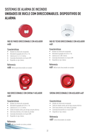 31
SISTEMAS DE ALARMA DE INCENDIO
UNIDADES DE BUCLE COM DIRECCIONABLES. DISPOSITIVOS DE
ALARMA
VAD DIRECCIONABLE CON SIRENA Y AISLADOR
4482
Características
•	 Aislador de cortocircuito incorporado
•	 Velocidad de parpadeo de 0,5 Hz o 1 Hz
•	 Cobertura de 2,4 x 5 x 5 metros
•	 Salida de elevado sonido, pero de bajo consumo eléctrico
•	 Siete tonos distintos y tres niveles de prioridad
•	 Conectada directamente en el bucle COM
•	 Disponible en rojo o blanco
Referencia
4482:VAD direccionable con sirena y aislador
SIRENA DIRECCIONABLE CON AISLADOR 4487
Características
•	 Aislador de cortocircuito incorporado
•	 Salida de elevado sonido, pero de bajo consumo eléctrico
•	 Siete tonos distintos y tres niveles de prioridad
•	 Conectada directamente en el bucle COM
•	 Disponible en rojo o blanco
Referencia
4487:sirena direccionable con aislador
VAD DE PARED DIRECCIONABLE CON AISLADOR
4480
Características
•	 Aislador de cortocircuito incorporado
•	 Velocidad de parpadeo de 0,5 Hz o 1 Hz
•	 Cobertura de 2,4 x 5 x 5 metros
•	 Conectada directamente en el bucle COM
•	 Disponible en rojo o blanco
Referencia
4480: VAD de pared direccionable con aislador
VAD DE TECHO DIRECCIONABLE CON AISLADOR
4481
Características
•	 Aislador de cortocircuito incorporado
•	 Velocidad de parpadeo de 0,5 Hz o 1 Hz
•	 Cobertura de 3 x Ø7,3 metros
•	 Conectada directamente en el bucle COM
•	 Disponible en rojo o blanco
Referencia
4481:VAD de techo direccionable con aislador
 