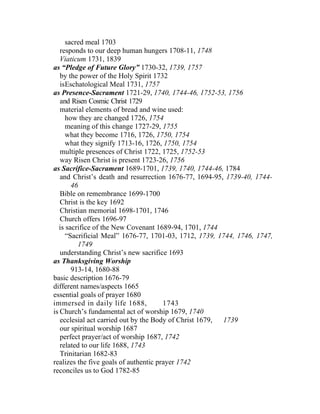 sacred meal 1703
   responds to our deep human hungers 1708-11, 1748
   Viaticum 1731, 1839
as “Pledge of Future Glory” 1730-32, 1739, 1757
   by the power of the Holy Spirit 1732
   isEschatological Meal 1731, 1757
as Presence-Sacrament 1721-29, 1740, 1744-46, 1752-53, 1756
   and Risen Cosmic Christ 1729
   material elements of bread and wine used:
     how they are changed 1726, 1754
     meaning of this change 1727-29, 1755
     what they become 1716, 1726, 1750, 1754
     what they signify 1713-16, 1726, 1750, 1754
   multiple presences of Christ 1722, 1725, 1752-53
   way Risen Christ is present 1723-26, 1756
as Sacrifice-Sacrament 1689-1701, 1739, 1740, 1744-46, 1784
   and Christ’s death and resurrection 1676-77, 1694-95, 1739-40, 1744-
       46
   Bible on remembrance 1699-1700
   Christ is the key 1692
   Christian memorial 1698-1701, 1746
   Church offers 1696-97
  is sacrifice of the New Covenant 1689-94, 1701, 1744
     “Sacrificial Meal” 1676-77, 1701-03, 1712, 1739, 1744, 1746, 1747,
         1749
   understanding Christ’s new sacrifice 1693
as Thanksgiving Worship
       913-14, 1680-88
basic description 1676-79
different names/aspects 1665
essential goals of prayer 1680
immersed in daily life 1688,           1743
is Church’s fundamental act of worship 1679, 1740
   ecclesial act carried out by the Body of Christ 1679, 1739
   our spiritual worship 1687
   perfect prayer/act of worship 1687, 1742
   related to our life 1688, 1743
   Trinitarian 1682-83
realizes the five goals of authentic prayer 1742
reconciles us to God 1782-85
 