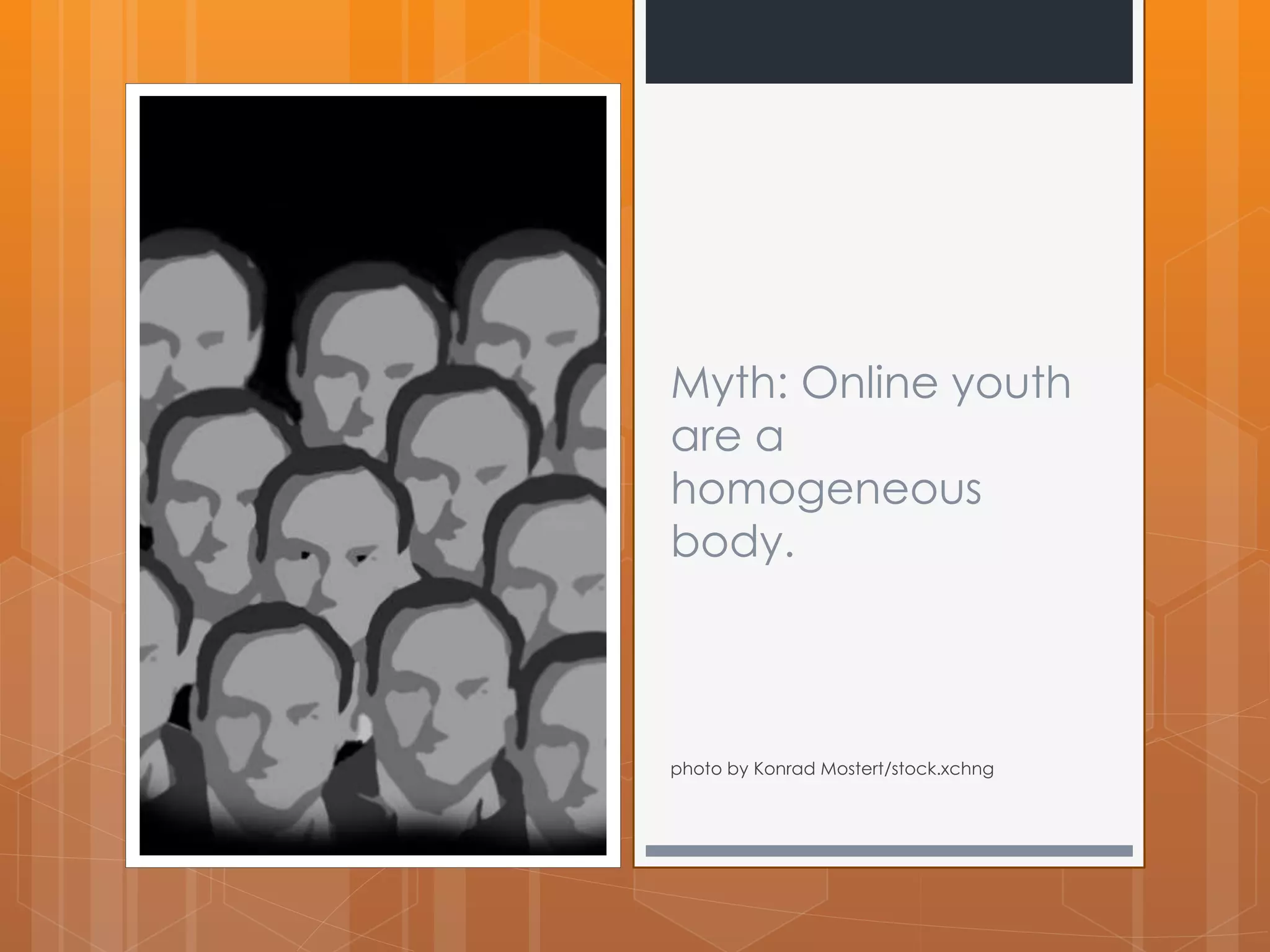 Myth: Online youth 
are a 
homogeneous 
body. 
photo by Konrad Mostert/stock.xchng 
 