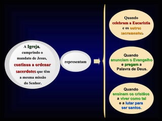 representam OS SACERDOTES JESUS SACERDOTE Quando  celebram a Eucaristia   e os  outros sacramentos . JESUS MESTRE Quando  anunciam o Evangelho e  pregam  a Palavra de Deus. JESUS PASTOR Quando  ensinam os cristãos  a  viver como tal e a   lutar para   ser santos . A   Igreja ,   cumprindo o mandato de Jesus,  continua a ordenar sacerdotes  que têm a mesma missão do Senhor. 