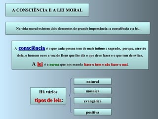 Na vida moral existem dois elementos de grande importância: a consciência e a lei. A CONSCIÊNCIA E A LEI MORAL A   consciência   é o que cada pessoa tem de mais íntimo e sagrado,  porque, através dela, o homem ouve a voz de Deus que lhe diz o que deve fazer e o que tem de evitar. A  lei   é a  norma  que nos manda  fazer o bem e não fazer o mal . natural mosaica Há vários tipos   de leis : evangélica positiva 