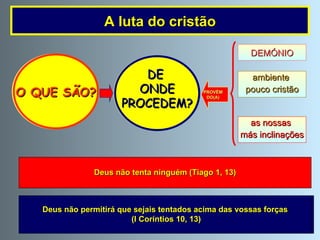 A tentação nunca provém de Deus.  Deus não tenta ninguém (Tiago 1, 13) A luta do cristão TENTAÇÕES São convites   a cometer pecados PROVÊM DO(A) DEMÓNIO ambiente  pouco cristão as nossas  más inclinações Deus permite as tentações, mas não deixa  que elas superem as nossas forças.  Deus não permitirá que sejais tentados acima das vossas forças (I Coríntios 10, 13) O QUE SÃO? DE  ONDE PROCEDEM? 