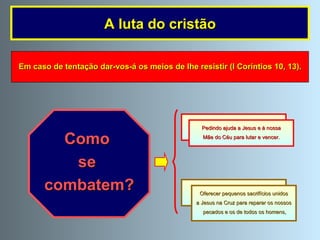 É o próprio Jesus Quem nos ensina os   meios   para vencermos as  tentações . Deus ajuda-nos a vencer as tentações.  Em caso de tentação dar-vos-á os meios de lhe resistir (I Coríntios 10, 13). A luta do cristão ORAÇÃO MORTIFICAÇÃO Oferecer pequenos sacrifícios unidos a Jesus na Cruz para reparar os nossos pecados e os de todos os homens, Pedindo ajuda a Jesus e à nossa Mãe do Céu para lutar e vencer.  Como  se  combatem? 