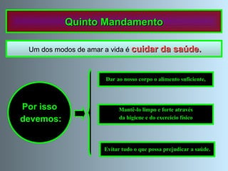Um dos modos de amar a vida é  cuidar da saúde. Quinto Mandamento Por isso devemos: Mantê-lo limpo e forte através da higiene e do exercício físico Evitar tudo o que possa prejudicar a saúde. Dar ao nosso corpo o alimento suficiente,   