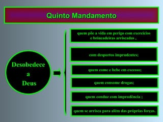 Quinto Mandamento Desobedece  a Deus com desportos imprudentes; quem come e bebe em excesso; quem põe a vida em perigo com exercícios e brincadeiras arriscadas   ,  quem consome drogas;   quem   conduz com imprudência   ;   quem se arrisca para além das próprias forças. 