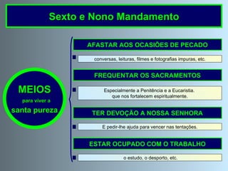 AFASTAR AOS OCASIÕES DE PECADO FREQUENTAR OS SACRAMENTOS TER DEVOÇÃO A NOSSA SENHORA MEIOS para viver a santa pureza conversas, leituras, filmes e fotografias impuras, etc. Especialmente a Penitência e a Eucaristia.  que nos fortalecem espiritualmente. E pedir-lhe ajuda para vencer nas tentações. ESTAR OCUPADO COM O TRABALHO o estudo, o desporto, etc. Sexto e Nono Mandamento 