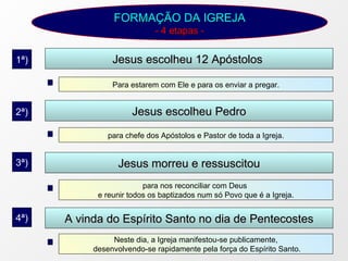 FORMAÇÃO DA IGREJA - 4 etapas - Para estarem com Ele e para os enviar a pregar. Jesus escolheu 12 Apóstolos  para chefe dos Apóstolos e Pastor de toda a Igreja. 1ª) Jesus escolheu Pedro 2ª) para nos reconciliar com Deus  e reunir todos os baptizados num só Povo que é a Igreja. Jesus morreu e ressuscitou 3ª) A vinda do Espírito Santo no dia de Pentecostes 4ª) Neste dia, a Igreja manifestou-se publicamente, desenvolvendo-se rapidamente pela força do Espírito Santo. 