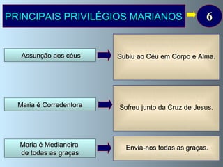 Assunção aos céus PRINCIPAIS PRIVILÉGIOS MARIANOS Maria é Medianeira  de todas as graças Os cristãos acreditam que Nossa Senhora foi  elevada aos Céus em Corpo e Alma .  Deus não permitiu a corrupção do corpo da Mãe de Seu Filho  no sepulcro e  fê-la participante da Glória do Seu Filho,  levando-a em corpo e alma para o Céu. O Papa  Pio XII  definiu este  dogma , em  1950 .  Com a sua  poderosa intercessão, obtém para nós  todas as graças . Por ser nossa Mãe continua, no Céu, a sua missão salvadora. 6 Maria é Corredentora Nossa Senhora participou  intimamente em toda a obra redentora do seu Filho ,  estando presente no  Sacrifício do Calvário  e  oferecendo o seu próprio sacrifício pela salvação de todos os homens , ( oferecendo o  Seu Filho ao Pai, juntamente com a sua dor de Mãe), pelo que merece o título de  corredentora .   Subiu ao Céu em Corpo e Alma.  Sofreu junto da Cruz de Jesus. Envia-nos todas as graças .  