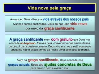 Vida nova pela graça

 Ao nascer, Deus dá-nos a   vida através dos nossos pais.
                                         vida nova
   Quando somos baptizados, Deus dá-nos uma
             por meio da graça santificante.


A graça santificante é um dom gratuito que Deus nos
concede no baptismo. Através dela, convertemo-nos em herdeiros
do céu. A partir deste momento, Deus vive em nós e está connosco
 enquanto não o expulsarmos da nossa alma pelo pecado mortal.


      Além dagraça santificante, Deus concede-nos
graças actuais. Estas são ajudas concretas de Deus
                 para fazer o bem e evitar o mal.
 