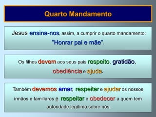 Quarto Mandamento

Jesus ensina-nos, assim, a cumprir o quarto mandamento:
                 ”Honrar pai e mãe”.


  Os filhos devem aos seus pais respeito,       gratidão,
                  obediência e ajuda.

Também devemos          amar, respeitar e ajudar os nossos
irmãos e familiares e   respeitar e obedecer a quem tem
               autoridade legítima sobre nós.
 