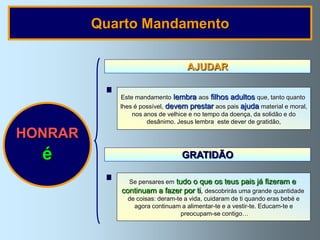 Quarto Mandamento

                                   AJUDAR


            Este mandamento lembra aos filhos adultos que, tanto quanto
            lhes é possível, devem prestar aos pais ajuda material e moral,
                nos anos de velhice e no tempo da doença, da solidão e do
                     desânimo. Jesus lembra este dever de gratidão,

HONRAR
  é                              GRATIDÃO

                           tudo o que os teus pais já fizeram e
              Se pensares em
            continuam a fazer por ti, descobrirás uma grande quantidade
              de coisas: deram-te a vida, cuidaram de ti quando eras bebé e
                agora continuam a alimentar-te e a vestir-te. Educam-te e
                                 preocupam-se contigo…
 