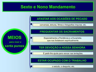 Sexto e Nono Mandamento

                   AFASTAR AOS OCASIÕES DE PECADO

                     conversas, leituras, filmes e fotografias impuras, etc.


                     FREQUENTAR OS SACRAMENTOS

 MEIOS                   Especialmente a Penitência e a Eucaristia.
                            que nos fortalecem espiritualmente.
  para viver a
santa pureza        TER DEVOÇÃO A NOSSA SENHORA

                        E pedir-lhe ajuda para vencer nas tentações.


                    ESTAR OCUPADO COM O TRABALHO

                                   o estudo, o desporto, etc.
 