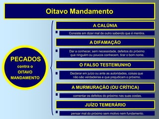 Oitavo Mandamento
                                   A CALÚNIA
                  Consiste em dizer mal de outro sabendo que é mentira.


                                A DIFAMAÇÃO
                  Dar a conhecer, sem necessidade, defeitos do próximo
                  que ninguém ou poucos conhecem, tirar o bom nome.
PECADOS
  contra o               O FALSO TESTEMUNHO
  OITAVO           Declarar em juízo ou ante as autoridades, coisas que
MANDAMENTO          não são verdadeiras e que prejudicam o próximo.


                    A MURMURAÇÃO (OU CRÍTICA)
                     comentar os defeitos do próximo nas suas costas.


                             JUÍZO TEMERÁRIO
                   pensar mal do próximo sem motivo nem fundamento.
 