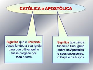 CATÓLICA e APOSTÓLICA




Significa que é universal.   Significa que Jesus
Jesus fundou a sua Igreja    fundou a Sua Igreja
  para que o Evangelho        sobre os Apóstolos
    fosse pregado por        e seus sucessores,
        toda a terra.        o Papa e os bispos.
 