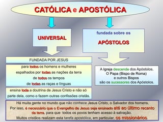 CATÓLICA e APOSTÓLICA


                                                      fundada sobre os
                  UNIVERSAL
                                                      APÓSTOLOS


             FUNDADA POR JESUS
        para todos os homens e mulheres
                                                       A Igreja descende dos Apóstolos.
     espalhados por todas as nações da terra               O Papa (Bispo de Roma)
               de todos os tempos                               e outros Bispos
           de todas as raças e línguas                 são os sucessores dos Apóstolos.

 ensina toda a doutrina de Jesus Cristo e não só
parte dela, como o fazem outras confissões cristãs.
     Há muita gente no mundo que não conhece Jesus Cristo, o Salvador dos homens.
 Por isso, é necessário que o Evangelho de Jesus seja ensinado até ao último recanto
               da terra, para que todos os povos tenham acesso à salvação.
     Muitos cristãos realizam esta tarefa apostólica, em particular, os missionários.
 