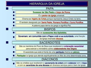 HIERARQUIA DA IGREJA
                                 PAPA
                  Sucessor de São Pedro e bispo de Roma.
                         É o pastor da Igreja universal.
      Chama-se Vigário de Cristo porque representa Jesus Cristo na terra.
   É também designado por Santo Padre, Romano Pontífice e Sumo Pontífice.
                 A palavra papa deriva do grego e significa Pai.

                               BISPOS
                      São os sucessores dos Apóstolos.
 Governam, em comunhão com o Papa e sob a sua autoridade, uma fracção
                    da Igreja chamada diocese.

                         SACERDOTES
   São os membros do Povo de Deus que receberam a ordenação sacerdotal
          para exercer o ministério como colaboradores dos bispos.
       O sacerdote que está à frente de uma paróquia chama-se pároco.
Paróquia é a Igreja que atende espiritualmente os fiéis de uma determinada zona.

                            DIÁCONOS
São os cristãos que receberam o sacramento da ordem para colaborar com o bispo
 e com os sacerdotes de uma diocese em diversos serviços para o bem da Igreja.
 