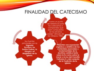 FINALIDAD DEL CATECISMO
“como un punto
de referencia para
los catecismos o
compendios que
sean compuestos
en los diversos
países” (Sínodo de
los Obispos 1985).
Sus fuentes
principales son la
Sagrada
Escritura, los
Santos Padres, la
Liturgia y el
Magisterio de la
Iglesia.

Presentar una exposición
orgánica y sintética de los
contenidos esenciales y
fundamentales de la
doctrina católica tanto
sobre la fe como sobre la
moral, a la luz del Concilio
Vaticano II y del conjunto
de la Tradición de la
Iglesia.

 