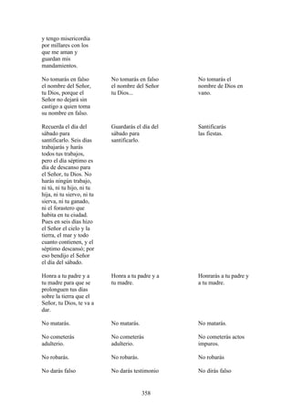 y tengo misericordia
por millares con los
que me aman y
guardan mis
mandamientos.

No tomarás en falso         No tomarás en falso    No tomarás el
el nombre del Señor,        el nombre del Señor    nombre de Dios en
tu Dios, porque el          tu Dios...             vano.
Señor no dejará sin
castigo a quien toma
su nombre en falso.

Recuerda el día del         Guardarás el día del   Santificarás
sábado para                 sábado para            las fiestas.
santificarlo. Seis días     santificarlo.
trabajarás y harás
todos tus trabajos,
pero el día séptimo es
día de descanso para
el Señor, tu Dios. No
harás ningún trabajo,
ni tú, ni tu hijo, ni tu
hija, ni tu siervo, ni tu
sierva, ni tu ganado,
ni el forastero que
habita en tu ciudad.
Pues en seis días hizo
el Señor el cielo y la
tierra, el mar y todo
cuanto contienen, y el
séptimo descansó; por
eso bendijo el Señor
el día del sábado.

Honra a tu padre y a        Honra a tu padre y a   Honrarás a tu padre y
tu madre para que se        tu madre.              a tu madre.
prolonguen tus días
sobre la tierra que el
Señor, tu Dios, te va a
dar.

No matarás.                 No matarás.            No matarás.

No cometerás                No cometerás           No cometerás actos
adulterio.                  adulterio.             impuros.

No robarás.                 No robarás.            No robarás

No darás falso              No darás testimonio    No dirás falso


                                          358
 
