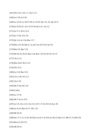 [167] 2Co 5.21; 1Jo 1.7; 1Jo 2.1-2.
[168] Jo 3.18; Jo 5.24.
[169] Lc 16.22; Lc 20.37-38; Lc 23.43; Fp 1.21, 23; Ap 14.13.
[170] Jó 19.25-27; 1Co 15.53-54; Fp 3.21; 1Jo 3.2.
[171] Jo 17.3; 2Co 5.2-3.
[172] Jo 17.24; 1Co 2.9.
[173] Hc 2.4; Jo 3.36; Rm 1.17.
[174] Rm 3.21-26; Rm 5.1-2; Gl 2.16; Ef 2.8-9; Fp 3.9.
[175] Rm 3.9; Rm 7.23.
[176] Dt 9.6; Ez 36.22; Rm 3.24; Rm 7.23-25; Ef 2.8; Tt 3.5.
[177] 1Jo 2.1-2.
[178] Rm 4.4-8; 2Co 5.19.
[179] 2Co 5.21.
[180] Jo 3.18; Rm 3.22.
[181] 1Co 1.30; 1Co 2.2.
[182] 1Jo 5.10.
[183] Dt 27.26; Gl 3.10.
[184] Is 64.6.
[185] Lc 17.10.
[186] Mt 7.18; Jo 15.5.
[187] Jo 3.5; 1Co 2.12; 1Co 12.3; Ef 1.17-18; Ef 2.8; Fp 1.29.
[188] At 16.14; Rm 10.17; 1Pe 1.23.
[189] Mt 28.19.
[190] Gn 17.11; Lv 6.25; Dt 30.6; Is 6.6-7; Is 54.9; Ez 20.12; Rm 4.11; Hb 9.7, 9; Hb 9.24.
[191] Rm 6.3; Gl 3.27.
[192] Mt 28.19.

 