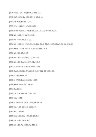 [219] Jo 20.17; Cl 3.1; Hb 1.3; Hb 8.1-2.
[220] At 7.55-56; Fp 3.20; Cl 3.1; 1Ts 1.10.
[221] Hb 9.26; Hb 10.12, 14.
[222] 1Co 10.19-22; 1Co 11.28-29.
[223] Sl 50.16; Is 1.11-15; Is 66.3; Jr 7.21-23; 1Co 11.20, 34.
[224] Mt 16.18-19; Mt 18.15-18.
[225] Mt 16.19; Jo 20.21-23.
[226] Mt 18.15-18; 1Co 5.3-5, 11; 2Co 2.6-8; 2Ts 3.14-15; 1Tm 5.20; 2Jo 1.10-11.
[227] Rm 6.13; Rm 12.1-2; 1Co 6.20; 1Pe 2.5, 9.
[228] Mt 5.16; 1Pe 2.12.
[229] Mt 7.17-18; Gl 5.6, 22; 2Pe 1.10.
[230] Mt 5.16; Rm 14.18-19; 1Pe 3.1-2.
[231] 1Co 6.9-10; Ef 5.5-6; 1Jo 3.14-15.
[232] Rm 6.4-6; 1Co 5.7; 2Co 7.10; Ef 4.22-24; Cl 3.5-10.
[233] Jl 2.13; Rm 8.13.
[234] Is 57.15; Rm 5.1-2; Rm 14.17.
[235] Rm 6.10-11; Gl 2.19-20.
[236] Rm 14.23.
[237] Lv 18.4; 1Sm 15.22; Ef 2.10.
[238] 1Co 10.31.
[239] Is 29.13-14; Ez 20.18-19; Mt 15.7-9.
[240] Êx 31.18; Dt 4.13; Dt 10.3-4.
[241] Mt 22.37-40.
[242] 1Co 6.10; 1Co 10.7, 14; 1Jo 5.21.
[243] Lv 19.31; Dt 18.9-12.
[244] Mt 4.10; Ap 19.10; Ap 22.8-9.

 