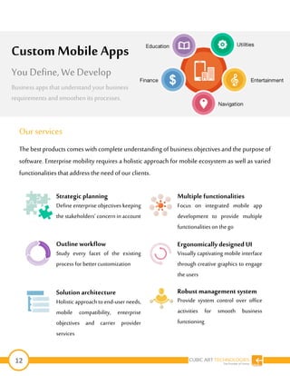 12
Ourservices
The best products comeswith completeunderstanding of businessobjectivesand the purposeof
software. Enterprise mobility requires a holistic approach for mobile ecosystem as well as varied
functionalitiesthat address the need of our clients.
Custom Mobile Apps
You Define, We Develop
Business apps that understand your business
requirements and smoothen its processes.
Strategic planning
Define enterprise objectives keeping
the stakeholders’ concern in account
Multiple functionalities
Focus on integrated mobile app
development to provide multiple
functionalitieson the go
Outline workflow
Study every facet of the existing
process for better customization
Ergonomically designed UI
Visually captivating mobile interface
through creative graphics to engage
the users
Solution architecture
Holistic approach to end-user needs,
mobile compatibility, enterprise
objectives and carrier provider
services
Robust management system
Provide system control over office
activities for smooth business
functioning
 