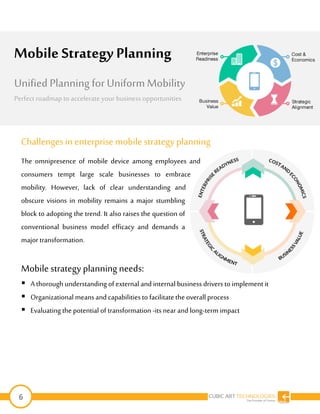 6
Challengesin enterprise mobilestrategy planning
The omnipresence of mobile device among employees and
consumers tempt large scale businesses to embrace
mobility. However, lack of clear understanding and
obscure visions in mobility remains a major stumbling
block to adopting the trend. It also raises the question of
conventional business model efficacy and demands a
major transformation.
Mobile strategy planning needs:
 A thorough understanding of external and internal business drivers to implementit
 Organizational meansand capabilitiesto facilitatethe overallprocess
 Evaluating the potential of transformation -its near andlong-termimpact
Mobile Strategy Planning
Unified Planning for Uniform Mobility
Perfect roadmap to accelerate your businessopportunities
 