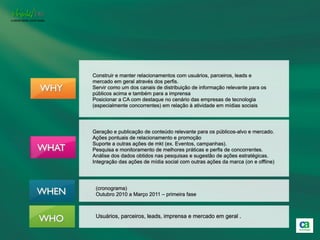 Construir e manter relacionamentos com usuários, parceiros, leads e
       mercado em geral através dos perfis.
WHY    Servir como um dos canais de distribuição de informação relevante para os
       públicos acima e também para a imprensa
       Posicionar a CA com destaque no cenário das empresas de tecnologia
       (especialmente concorrentes) em relação à atividade em mídias sociais




       Geração e publicação de conteúdo relevante para os públicos-alvo e mercado.
       Ações pontuais de relacionamento e promoção
       Suporte a outras ações de mkt (ex. Eventos, campanhas).
WHAT   Pesquisa e monitoramento de melhores práticas e perfis de concorrentes.
       Análise dos dados obtidos nas pesquisas e sugestão de ações estratégicas.
       Integração das ações de mídia social com outras ações da marca (on e offline)




        (cronograma)
WHEN    Outubro 2010 a Março 2011 – primeira fase



WHO     Usuários, parceiros, leads, imprensa e mercado em geral .
 