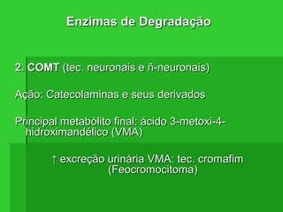 2. COMT2. COMT (tec. neuronais e ñ-neuronais)(tec. neuronais e ñ-neuronais)
Ação: Catecolaminas e seus derivadosAção: Catecolaminas e seus derivados
Principal metabólito final: ácido 3-metoxi-4-Principal metabólito final: ácido 3-metoxi-4-
hidroximandélico (VMA)hidroximandélico (VMA)
↑↑ excreção urinária VMA: tec. cromafimexcreção urinária VMA: tec. cromafim
(Feocromocitoma)(Feocromocitoma)
Enzimas de DegradaçãoEnzimas de Degradação
 