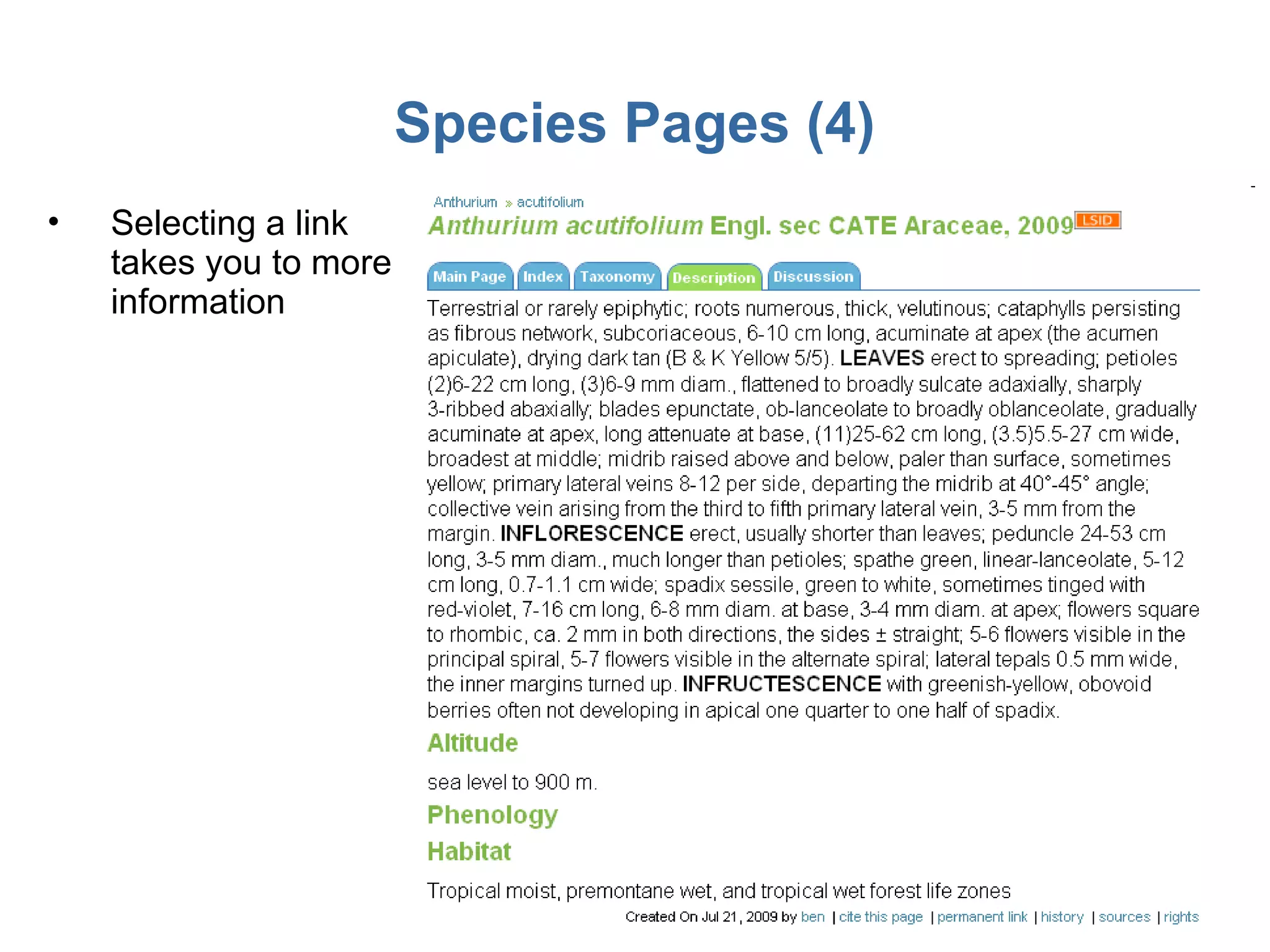 Species Pages (4) Selecting a link takes you to more information 