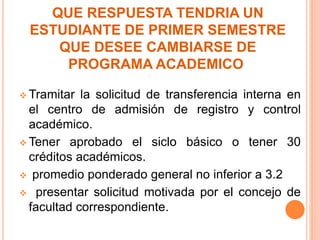 QUE RESPUESTA TENDRIA UN 
ESTUDIANTE DE PRIMER SEMESTRE 
QUE DESEE CAMBIARSE DE 
PROGRAMA ACADEMICO 
Tramitar la solicitud de transferencia interna en 
el centro de admisión de registro y control 
académico. 
Tener aprobado el siclo básico o tener 30 
créditos académicos. 
 promedio ponderado general no inferior a 3.2 
 presentar solicitud motivada por el concejo de 
facultad correspondiente. 
 