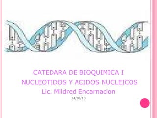  CATEDAR DE BIOQUIMICA I NUCLEOTIDOS Y
ACIDOS NUCLEICOS
CATEDARA DE BIOQUIMICA I
NUCLEOTIDOS Y ACIDOS NUCLEICOS
Lic. Mildred Encarnacion
24/10/10
 