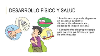 DESARROLLO FÍSICO Y SALUD
* Este factor comprende el generar
un descanso suficiente,
alimentación adecuada, etc.,
cuidando la imagen personal
* Conocimiento del propio cuerpo
para prevenir los diferentes tipos
de enfermedades
 