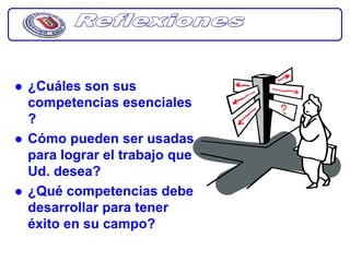 ¿Cuáles son sus
competencias esenciales
?
Cómo pueden ser usadas
para lograr el trabajo que
Ud. desea?
¿Qué competencias debe
desarrollar para tener
éxito en su campo?
 