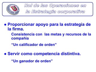Proporcionar apoyo para la estrategia de
la firma.
 Consistencia con las metas y recursos de la
 compañía
 “Un calificador de orden”

Servir como competencia distintiva.
 “Un ganador de orden”
 