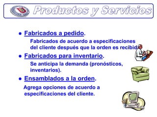 Fabricados a pedido.
  Fabricados de acuerdo a especificaciones
  del cliente después que la orden es recibida.
Fabricados para inventario.
  Se anticipa la demanda (pronósticos,
  inventarios).
Ensamblados a la orden.
Agrega opciones de acuerdo a
especificaciones del cliente.
 