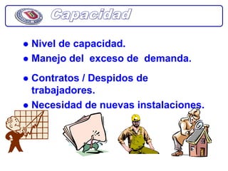 Nivel de capacidad.
Manejo del exceso de demanda.
Contratos / Despidos de
trabajadores.
Necesidad de nuevas instalaciones.
 