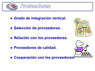 Grado de integración vertical.

Selección de proveedores.

Relación con los proveedores.

Proveedores de calidad.

Cooperación con los proveedores.
 