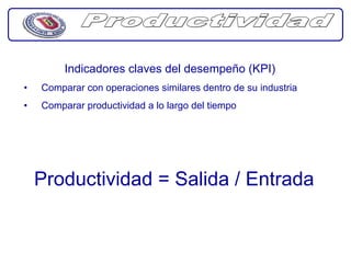 Indicadores claves del desempeño (KPI)
•   Comparar con operaciones similares dentro de su industria
•   Comparar productividad a lo largo del tiempo




    Productividad = Salida / Entrada
 